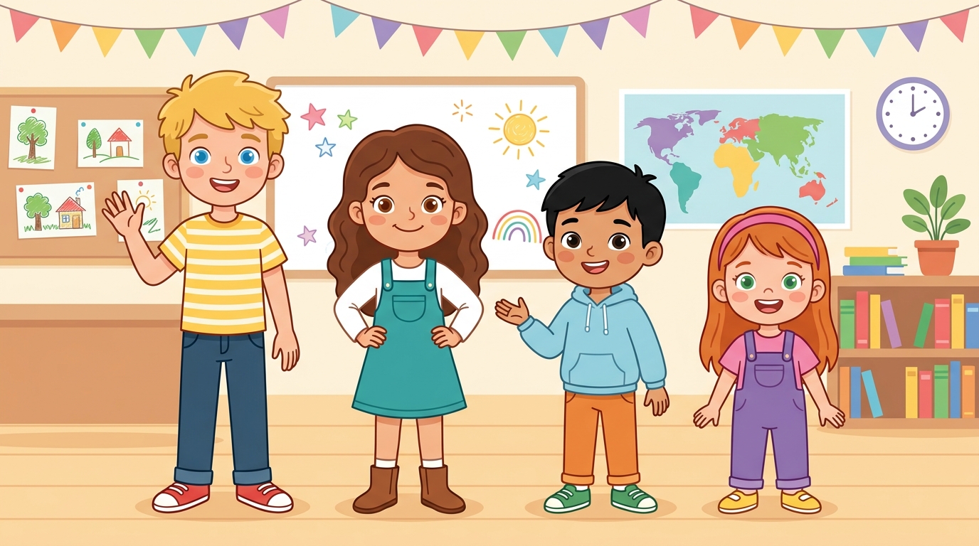 Quatre enfants aux cheveux, aux yeux et aux tailles différents